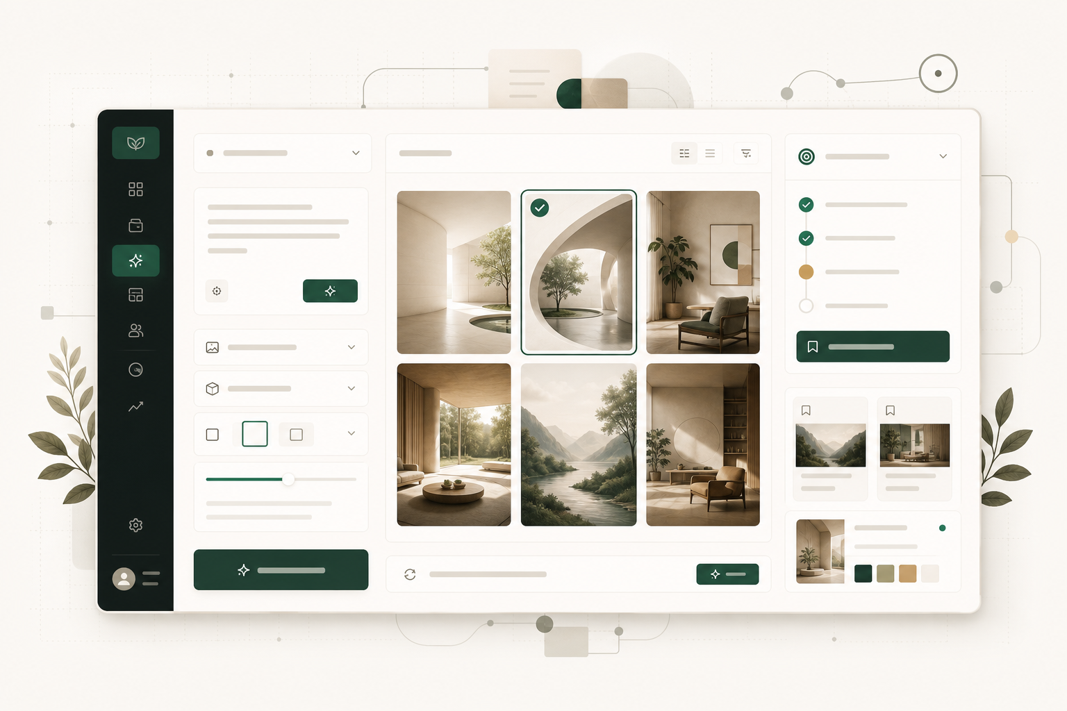VisionBoard Creator workflow with generation, selected visuals, approval status, and library context