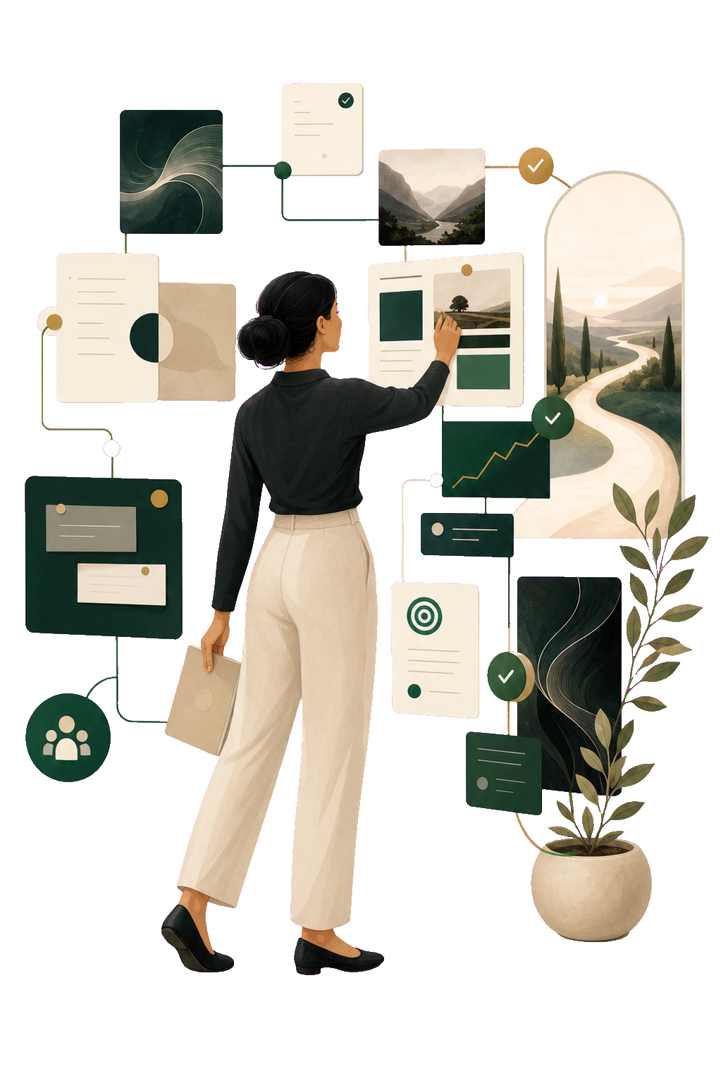 Illustrated person shaping life goals, vision cards, approval markers, and a future path